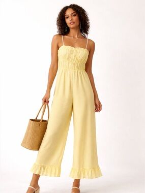 Majorelle Sylvan Yellow Jumpsuit Wide Leg Smocked Cottagecore Summer Size S